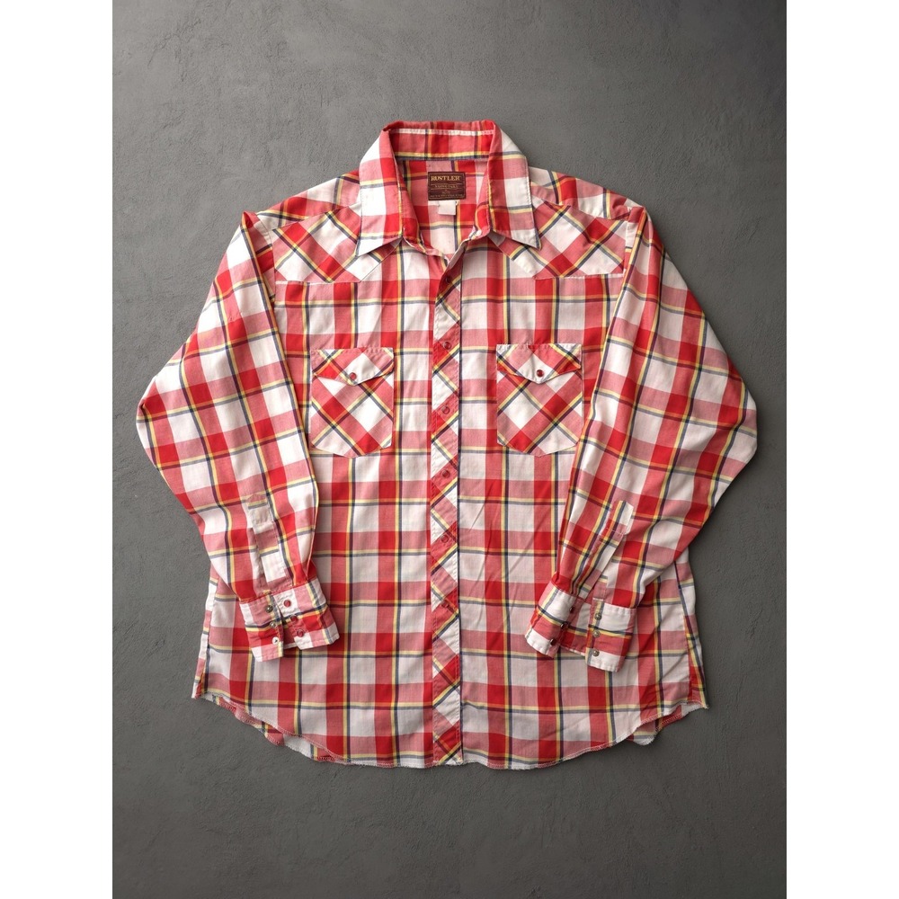 Vintage 80s Rustler X Long Tails Red Plaid Permanent Press Snap Western Shirt XL